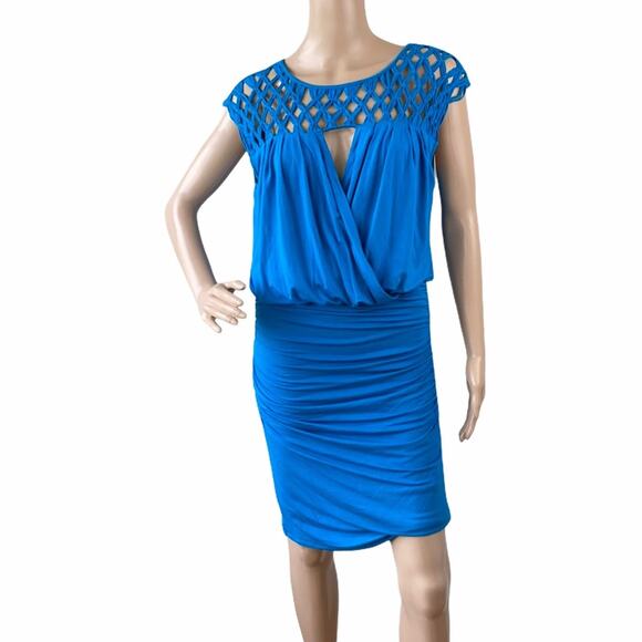 Anthropologie Plenty By Tracy Reece Women's Blue Macramé Pleated Bodycon Dress L - Picture 2 of 9